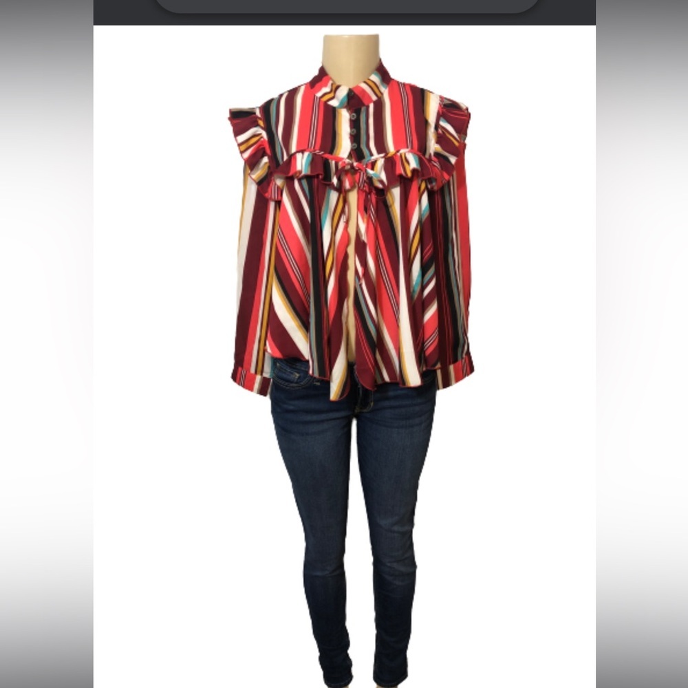 Ups and‎ Downs  Multi Colored Striped Ruffle long sleeve Blouse